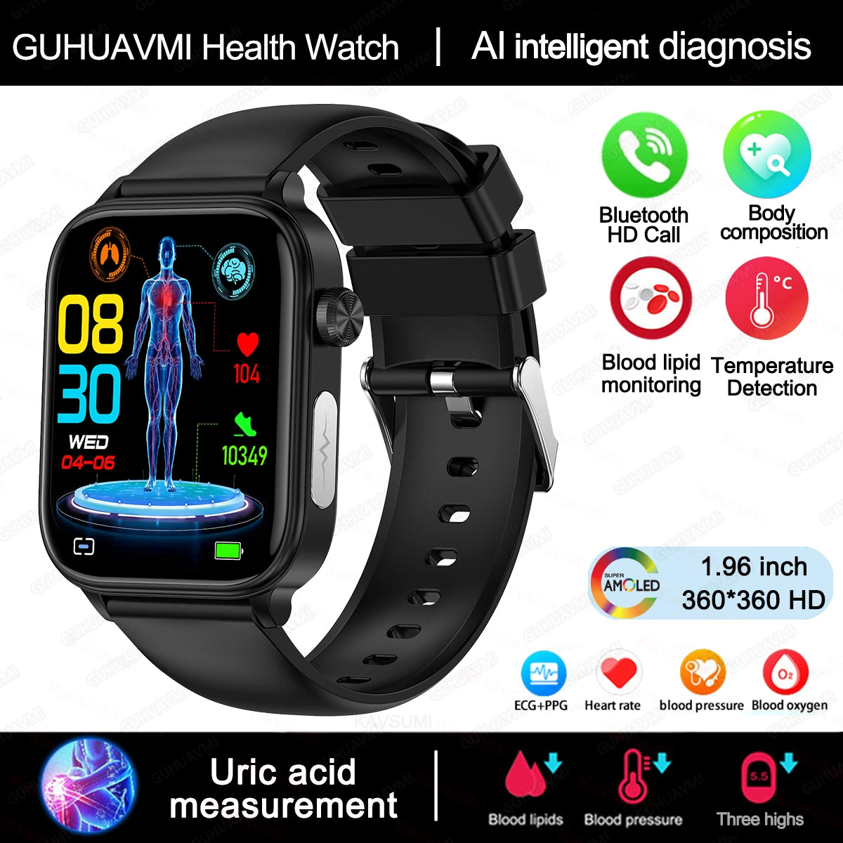 AI-Diagnosedetektor, Smartwatch für Damen, Blutfette und Harnsäure, Körpersammensetzungstest, Damen-Menstruationsgesundheits-Tracker, 2025, Neu
