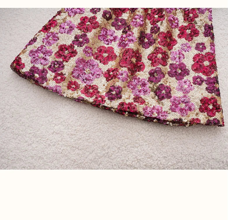 Mädchen Paillettenrock Blumenmode A-Linie Kurzer Rock für Kinder bestickt Elegante Prinzessin Herbst Winter Teen Kinder Kostüme