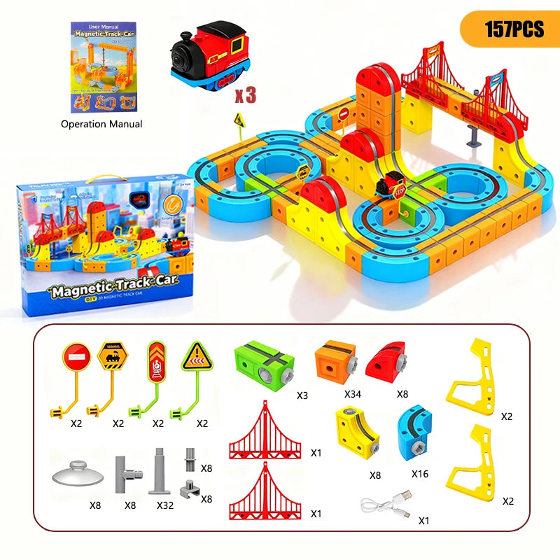 Magnetisches Elektrisches Eisenbahnset Magische Schienenbahn DIY Würfelspielzeug Kreatives Lernmodell Eisenbahnautos Spielzeug Geschenke für Kinder Jungen ab 3 Jahren