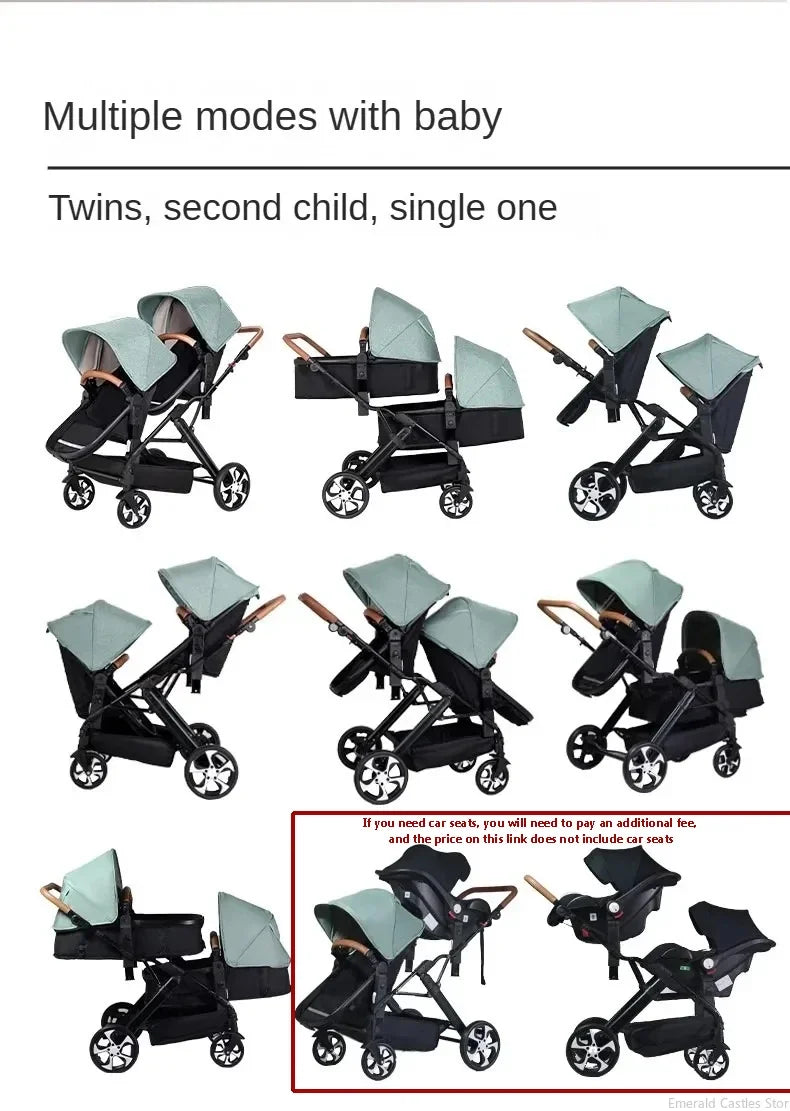 3-in-1-Zwillings-Kinderwagen mit Autositz für zwei Kinder, faltbar, stoßdämpfender Kinderwagen mit hoher Landschaft