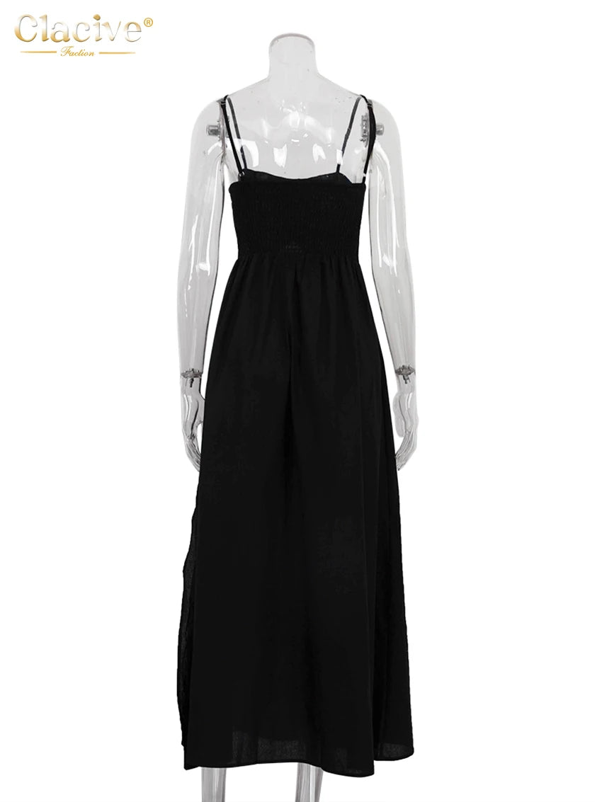 Clacive Sexy Lose Schwarz Baumwolle Damen Kleider 2024 Sommer Strap Ärmellose Knöchel Länge Kleid Elegante Aushöhlen Weibliche Kleid