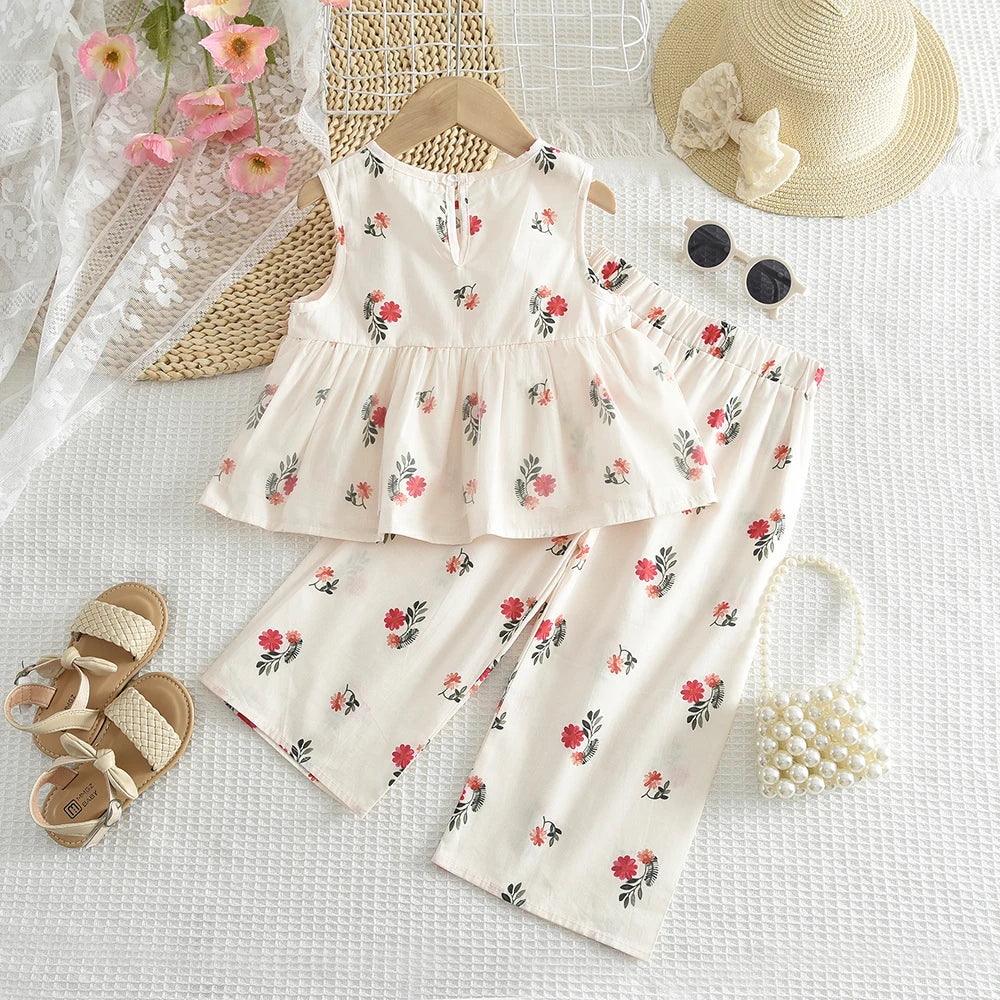 Bear Leader Baby-Mädchen-Freizeitkleidung, Rundhalsausschnitt, ärmelloses Polka-Dot-Oberteil + Hose mit weitem Bein, 2-teiliges Set mit Schleife und Knopf