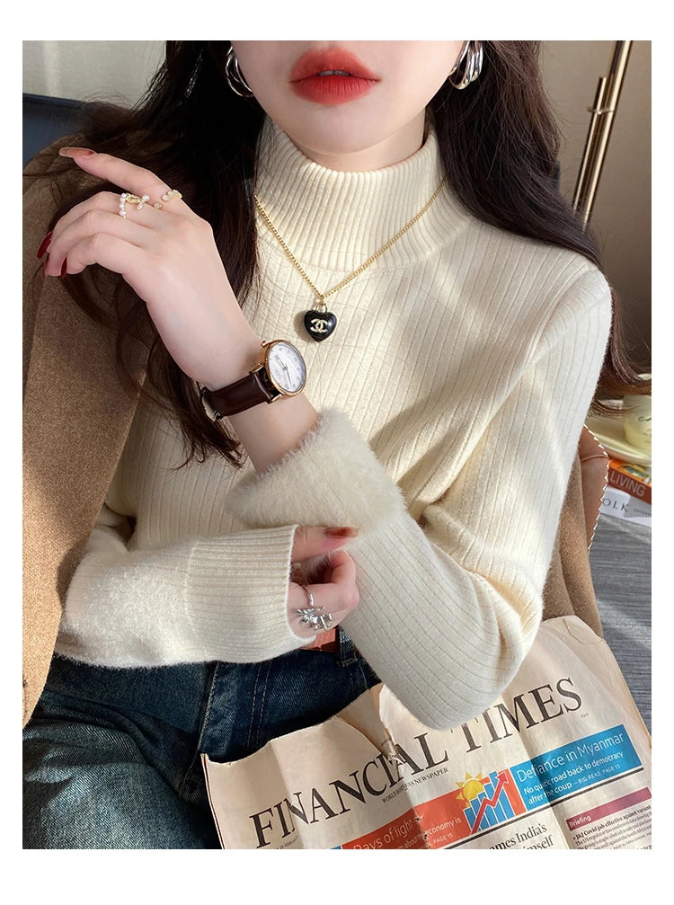 Damen Rollkragenpullover Winter 2026 Retro mit Samtfutter Verdicktes Thermounterhemd Strickpullover