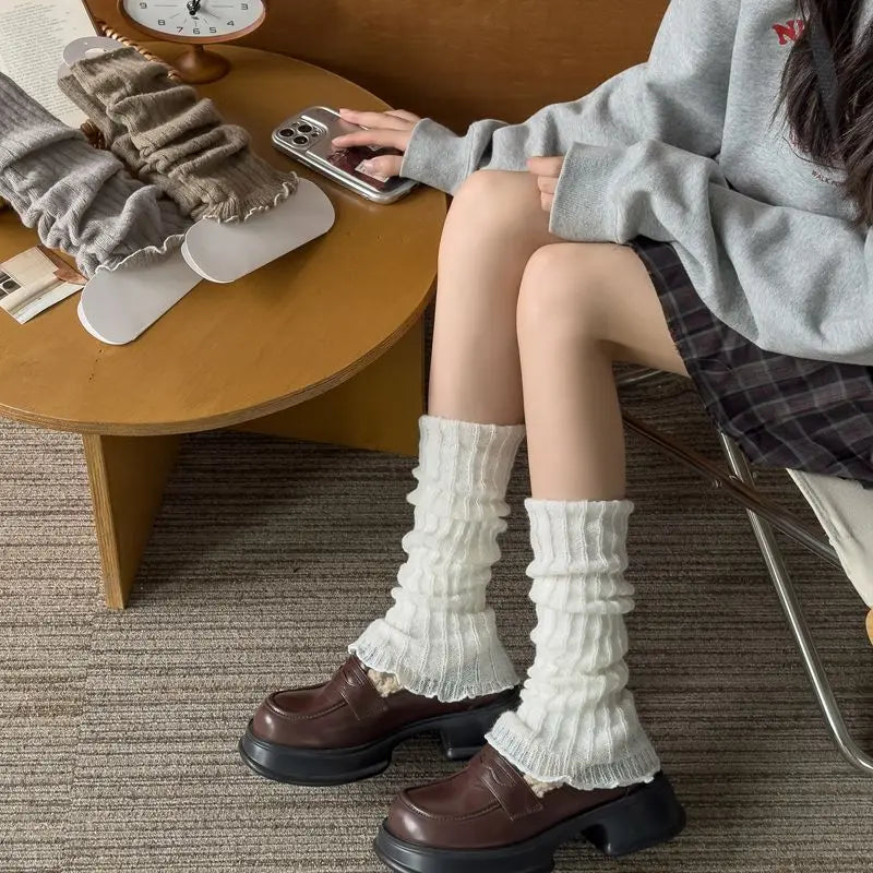 Herbst Winter Damen Beinwärmer Schwarz Weiß Gestrickte Fußabdeckung Lange Socken JK Japanische Mode Lolita Süße Mädchen Beinwärmer Neu