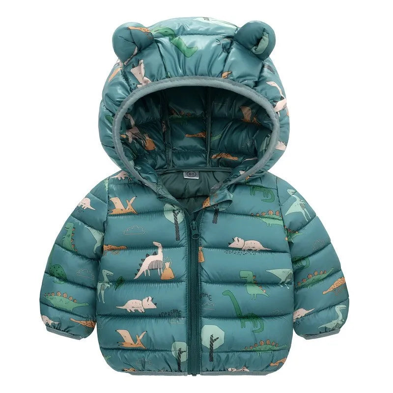 Kinder Jungen Baby Mit Kapuze Leichte Daunenjacken Warme Oberbekleidung Herbst Kinder Mädchen Mäntel Cartoon Dinosaurier Druck Freizeitkleidung