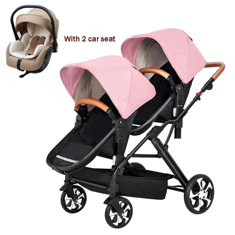3-in-1-Zwillings-Kinderwagen mit Autositz für zwei Kinder, faltbar, stoßdämpfender Kinderwagen mit hoher Landschaft