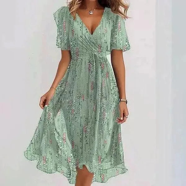 Elegantes und modisches bedrucktes knielanges Kleid für Damen 2026 – Neues, lockeres, lässiges V-Ausschnitt-Kleid mit Blumenmuster für Frauen
