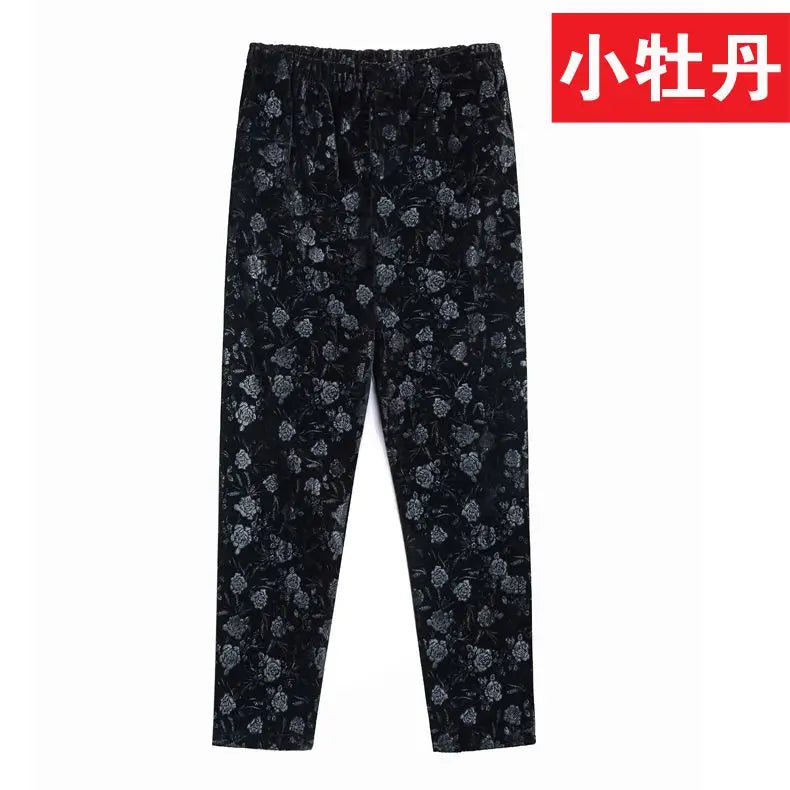 Herbst-Winter-Samthose mit Blumenmuster für Ältere Frauen, Lose Warme Verdickte Freizeithose für Oma und Mutter