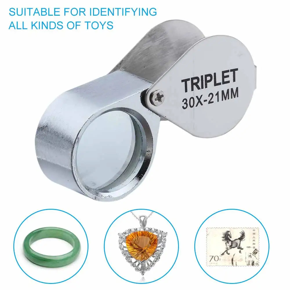 10-30x Pocket Magnifier Magnifying Glass Jewelry Loupe Foldable Diamond Lupa Triplet Jewelers Eye Glass Tool Reading Magnifier