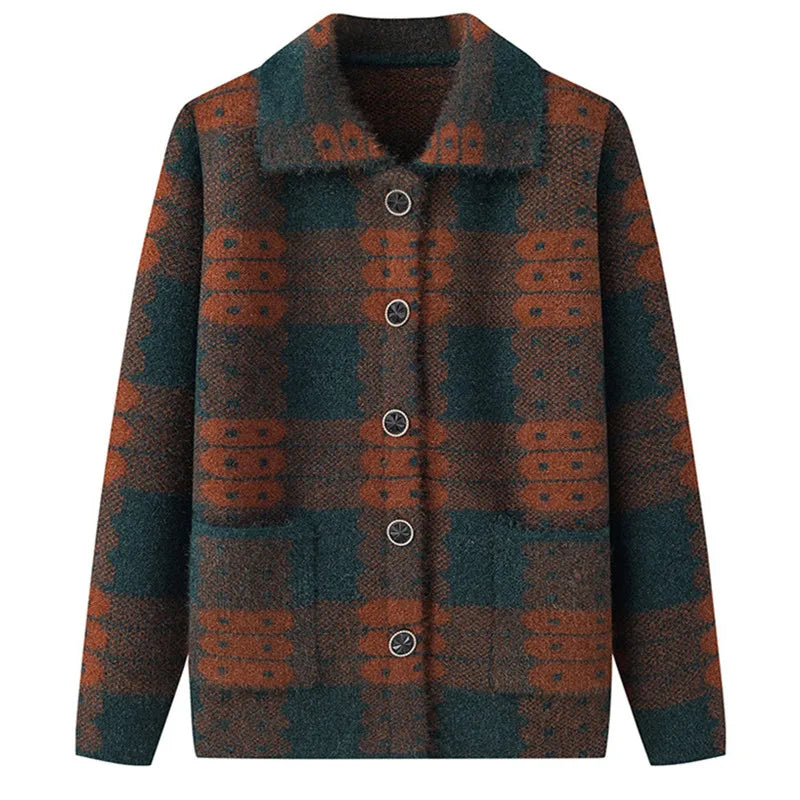 Casual Plaid Herbst Winter Kleidung Mittleren Alters Mutter Pullover Strickwaren Tops Verdicken Oma Warm Woolen Mantel Frauen Strickjacke