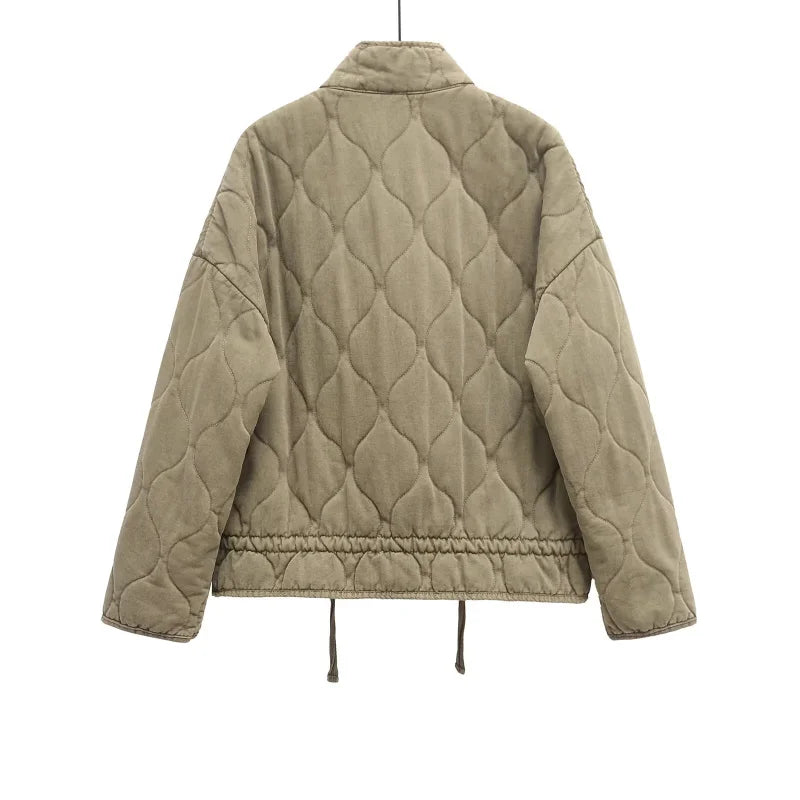 Damen Polyester Gefütterte Jacke 2026 Neuerscheinung Vintage Lenzing Rayon Hochkragen Große Tasche Dekorativer Gesteppter Mantel für Frauen