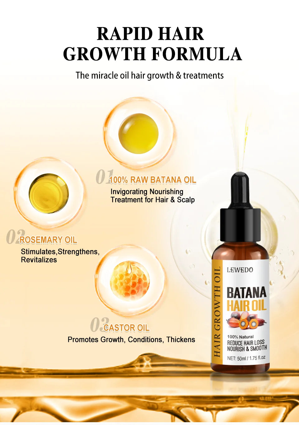Lewedo Naturals Batana-Öl, schnelles Haarwachstum für Männer und Frauen, reines Batana-Öl, nährt glänzendes Haar, gesunde Haarpflege, Anti-Haarausfall