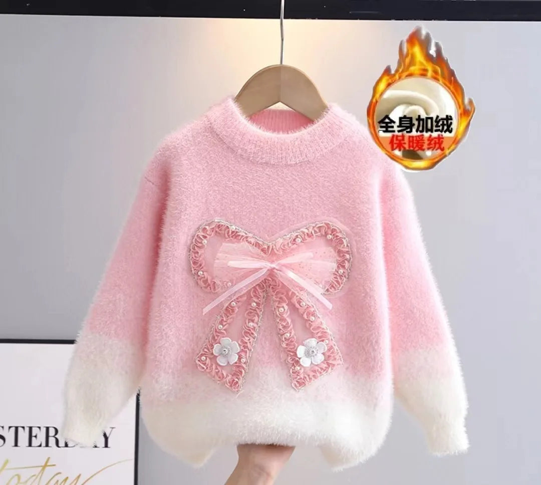 Herbst Winter Teenager Mädchen Pullover verdickt Kunst Nerz Pelz Kinder Strickpullover Junior Kinder 3D Fliege warme Basis Top Kleidung