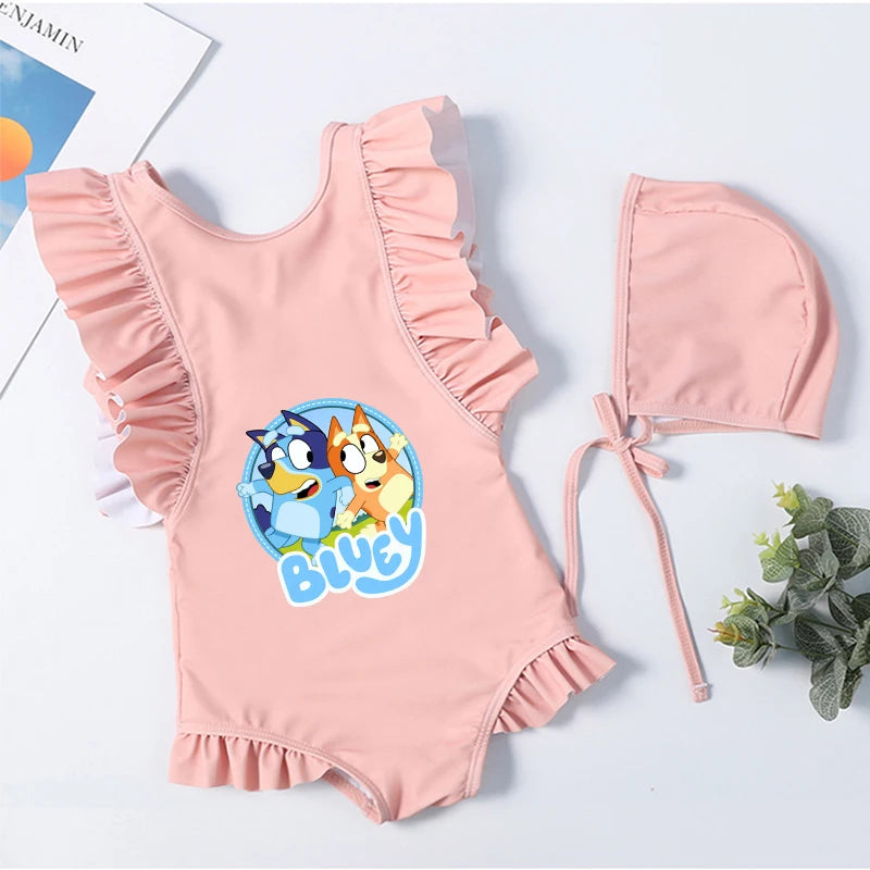 Cartoon Bluey Mädchen Sommer-Badeanzüge Kinder Einteilige & Bikini-Sets mit Badekappe Strandkleidung Bademode für Kinder