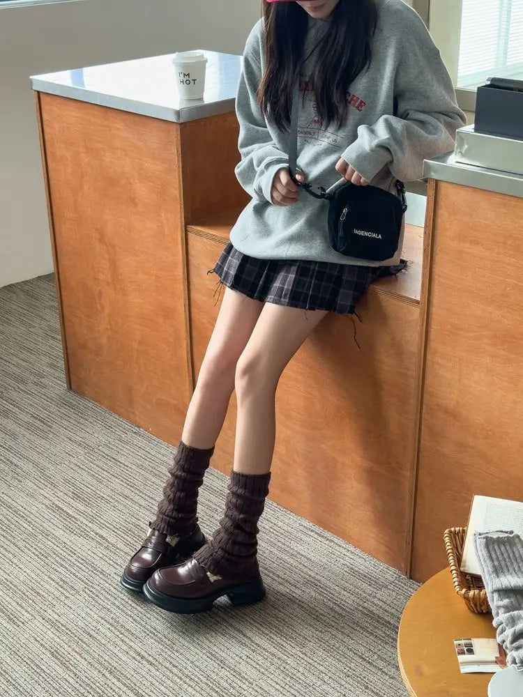 Herbst Winter Damen Beinwärmer Schwarz Weiß Gestrickte Fußabdeckung Lange Socken JK Japanische Mode Lolita Süße Mädchen Beinwärmer Neu