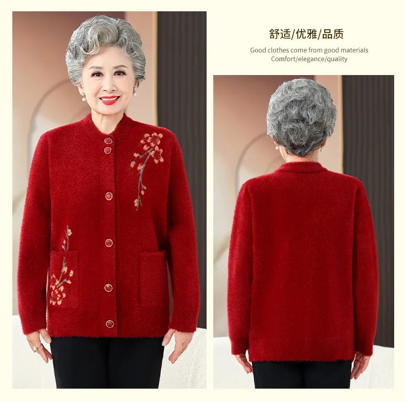 Oma Dicke Warme Nerz Samt Pullover Top Winter Mittleren Alters Mutter Draußen Tragen Strickjacke Jacke Vintage Frauen Gestrickte Mantel