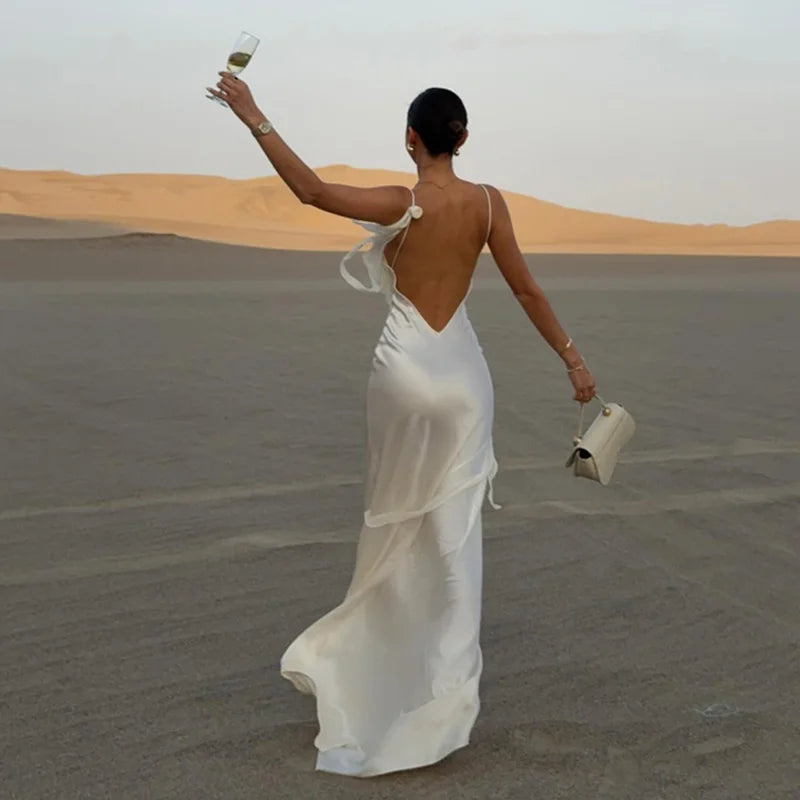 Elegantes 3D-Blumen-rückenfreies Kleid für Damen, figurbetont, Swing-Kragen, ärmellos, weiße Schlinge, Maxi-Robe, 2025, Sommer-Dame, Evevning, Vestidos
