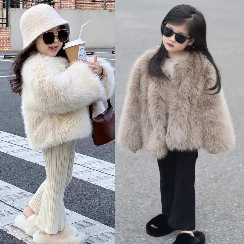 Gefälschte Pelz Mädchen Jacke Herbst Winter Neue Einfarbig Dicke Warm Halten Einreiher Mantel Für 3-10 Jahre mädchen Mode Oberbekleidung