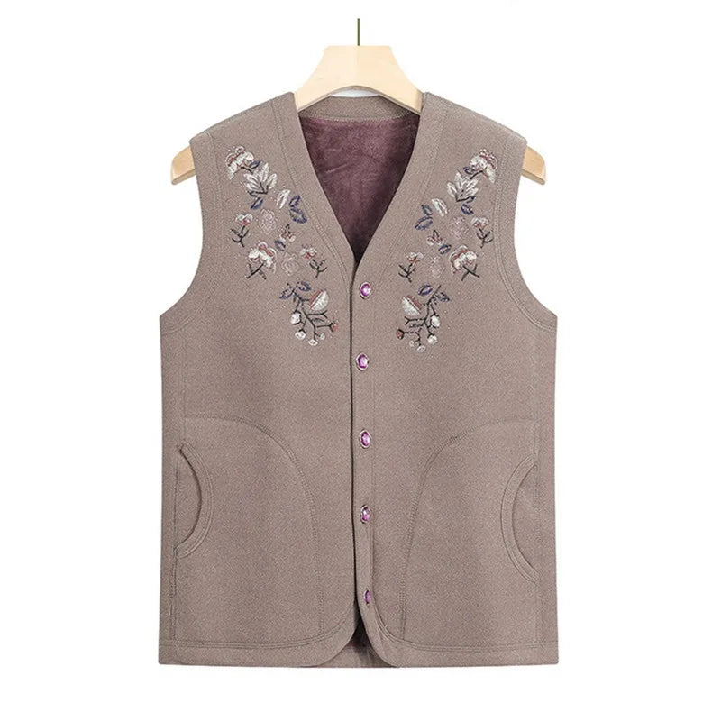 Oma Herbst Winter Weste Frau Stickerei Einreiher Plüsch Warme Ärmellose Jacke Weibliche Casual Weste Mantel 4XL 2925