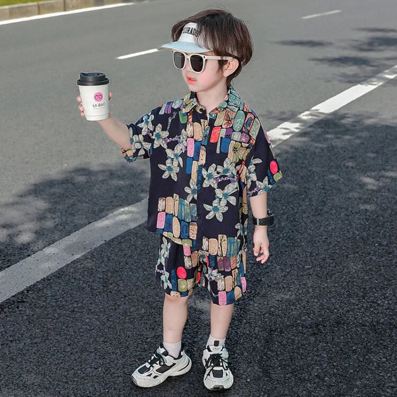 Bedrucktes Hemd, koreanische Kleidung, Kinder-Oberteil, Kinder ab 8–12 Jahren, Sommeranzug für Jungen, Kinder, Jungen, Kleidungsset, 4-altes Kostüm 7