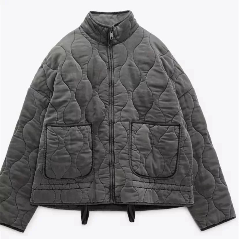 Damen Polyester Gefütterte Jacke 2026 Neuerscheinung Vintage Lenzing Rayon Hochkragen Große Tasche Dekorativer Gesteppter Mantel für Frauen