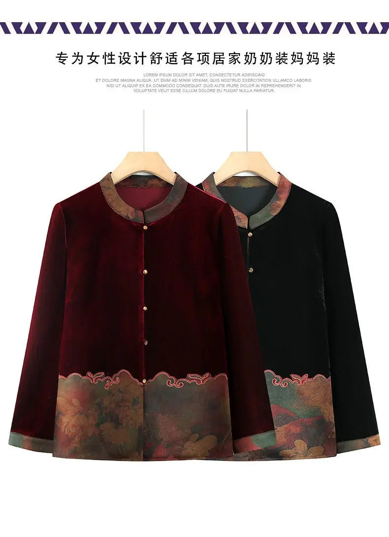 Samtjacke für ältere Frauen, Frühling/Herbst, Blumenmuster, Stehkragen, lange Ärmel, locker geschnittener Mantel für alte Großmütter
