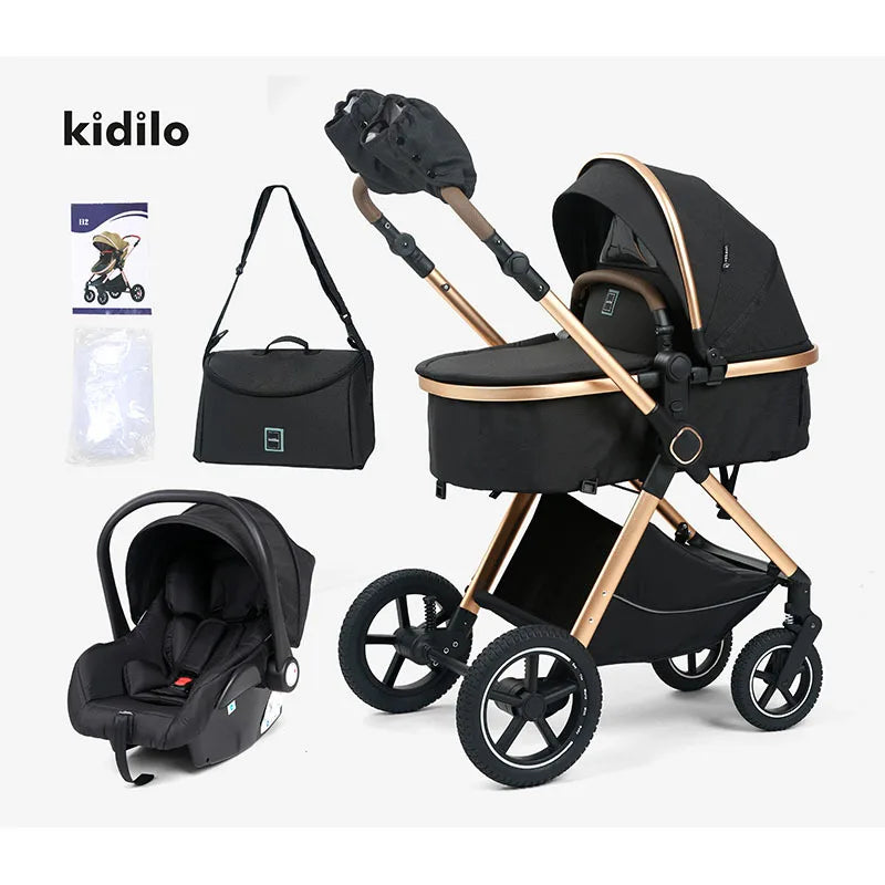 Drei-in-eins-Kinderwagen mit hoher Sicht und Autositz, Mamatasche, Kinderwagen zum Sitzen und Liegen, tragbarer Kinderwagen