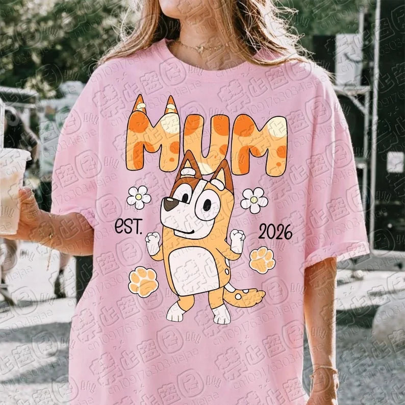 2026 Bluey Familien-Shirts, Cartoon Blauer Hund Mama Papa Partnerlook T-Shirts, Cooler Cartoon-Druck, Lässige Eltern-Kind Atmungsaktive T-Shirts