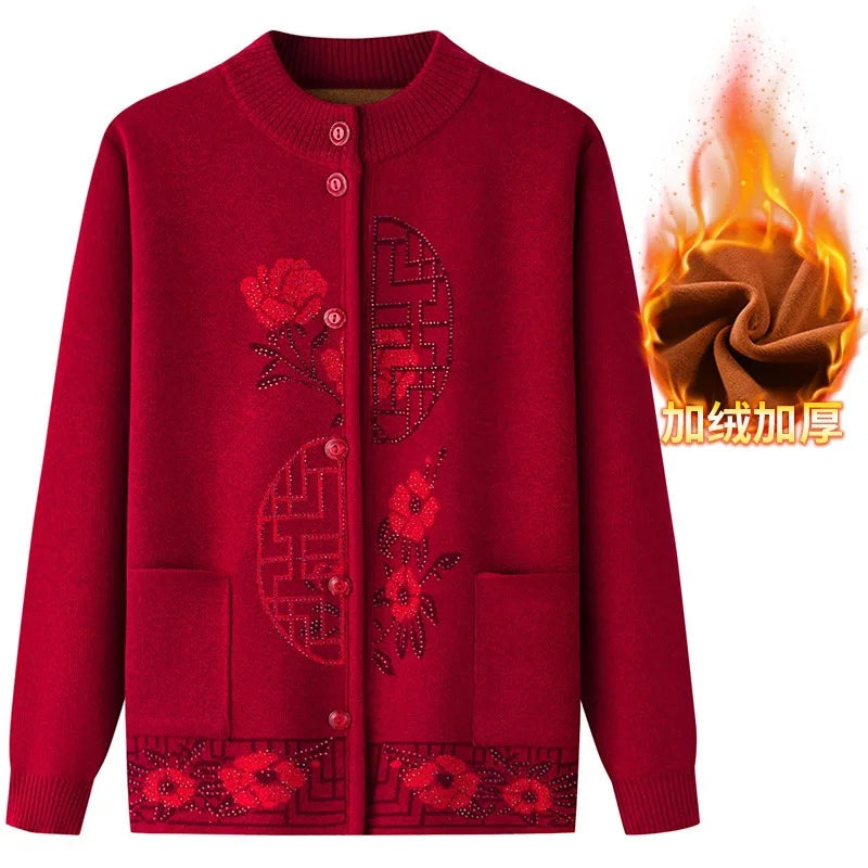 2025 Oma Pullover Frauen Frühling Herbst Pullover Mantel Mutter Strickjacke Für Frau Samt Strickwaren Weibliche Kleidung 5XL 2898
