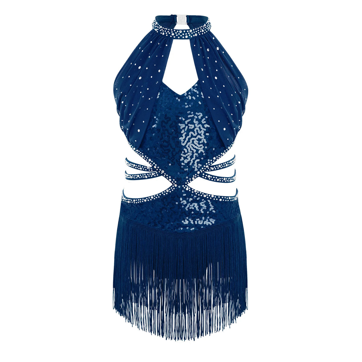 Glitzerndes Pailletten-Lateintanzkleid für Mädchen, Salsa, Jazz, Tango, ärmellos, gerüschtes Mesh-Overlay, Oberteil mit Quasten, Leotard-Kleid