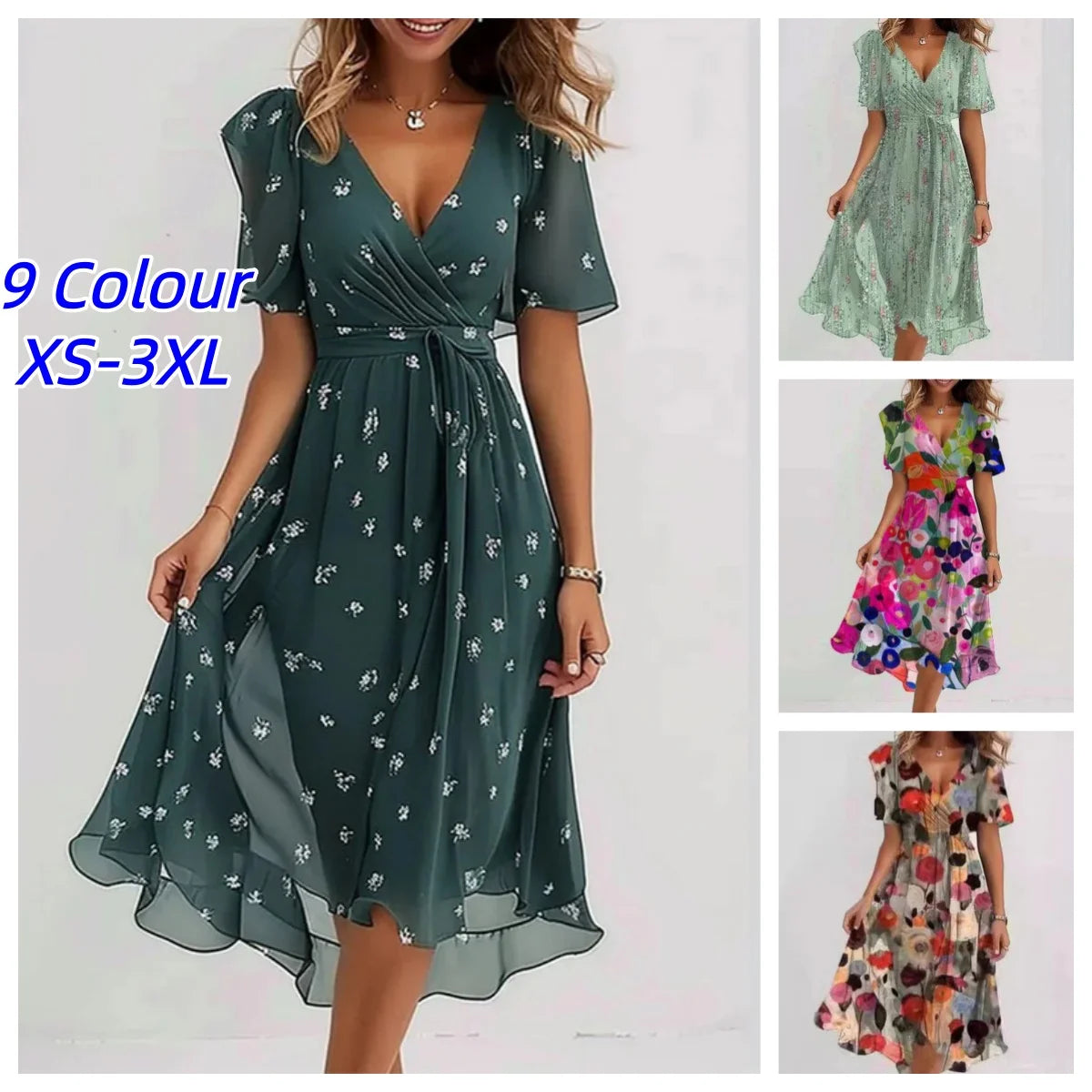 Elegantes und modisches bedrucktes knielanges Kleid für Damen 2026 – Neues, lockeres, lässiges V-Ausschnitt-Kleid mit Blumenmuster für Frauen