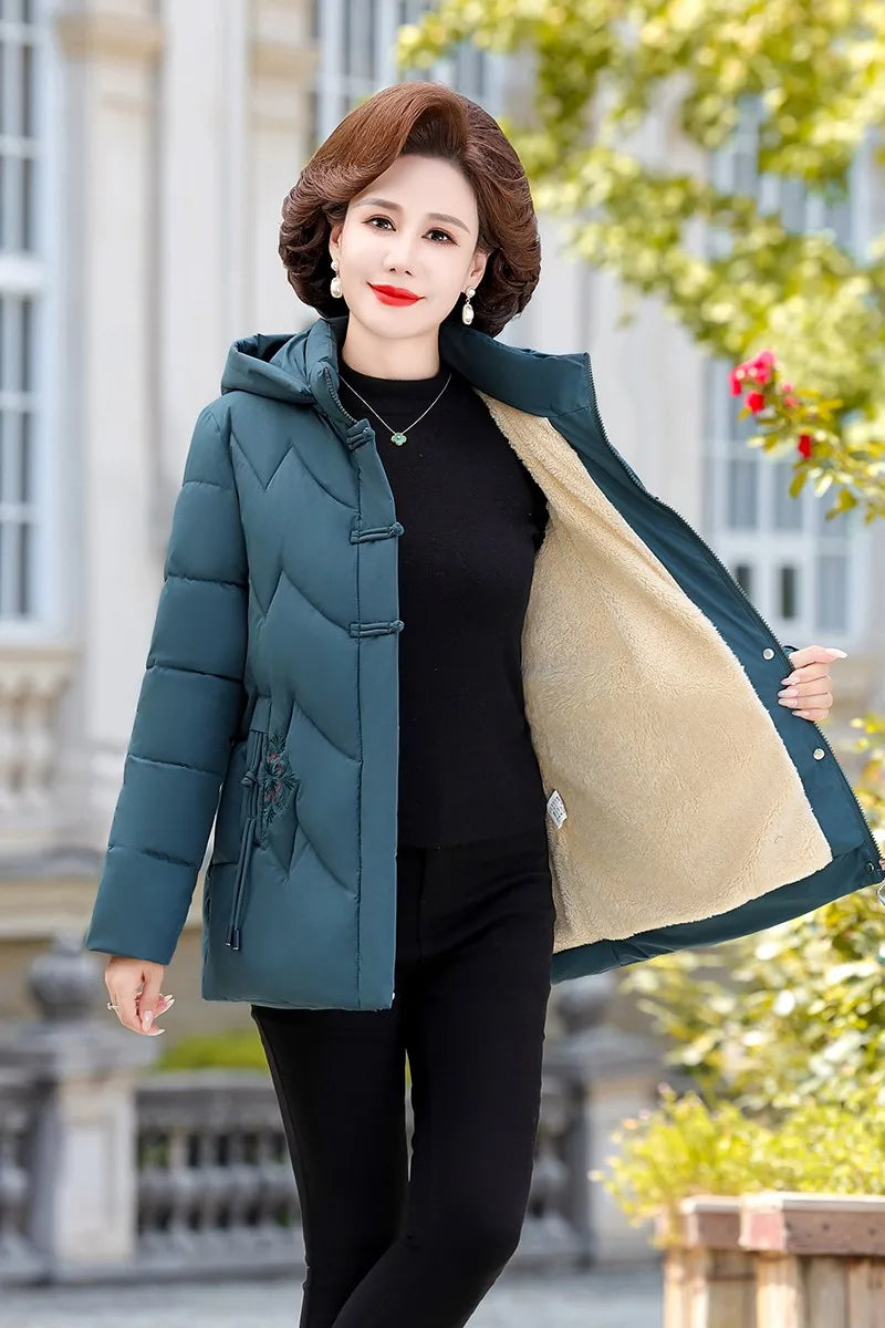Frauen Winter Puffer Baumwolle Gefütterte Jacke Oma Mit Kapuze Fleece Dicke Parkas Warme Lose Retro Stickerei Schnee Mantel Lose Weibliche