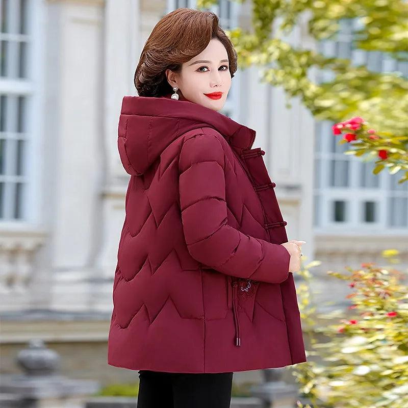 Frauen Winter Puffer Baumwolle Gefütterte Jacke Oma Mit Kapuze Fleece Dicke Parkas Warme Lose Retro Stickerei Schnee Mantel Lose Weibliche