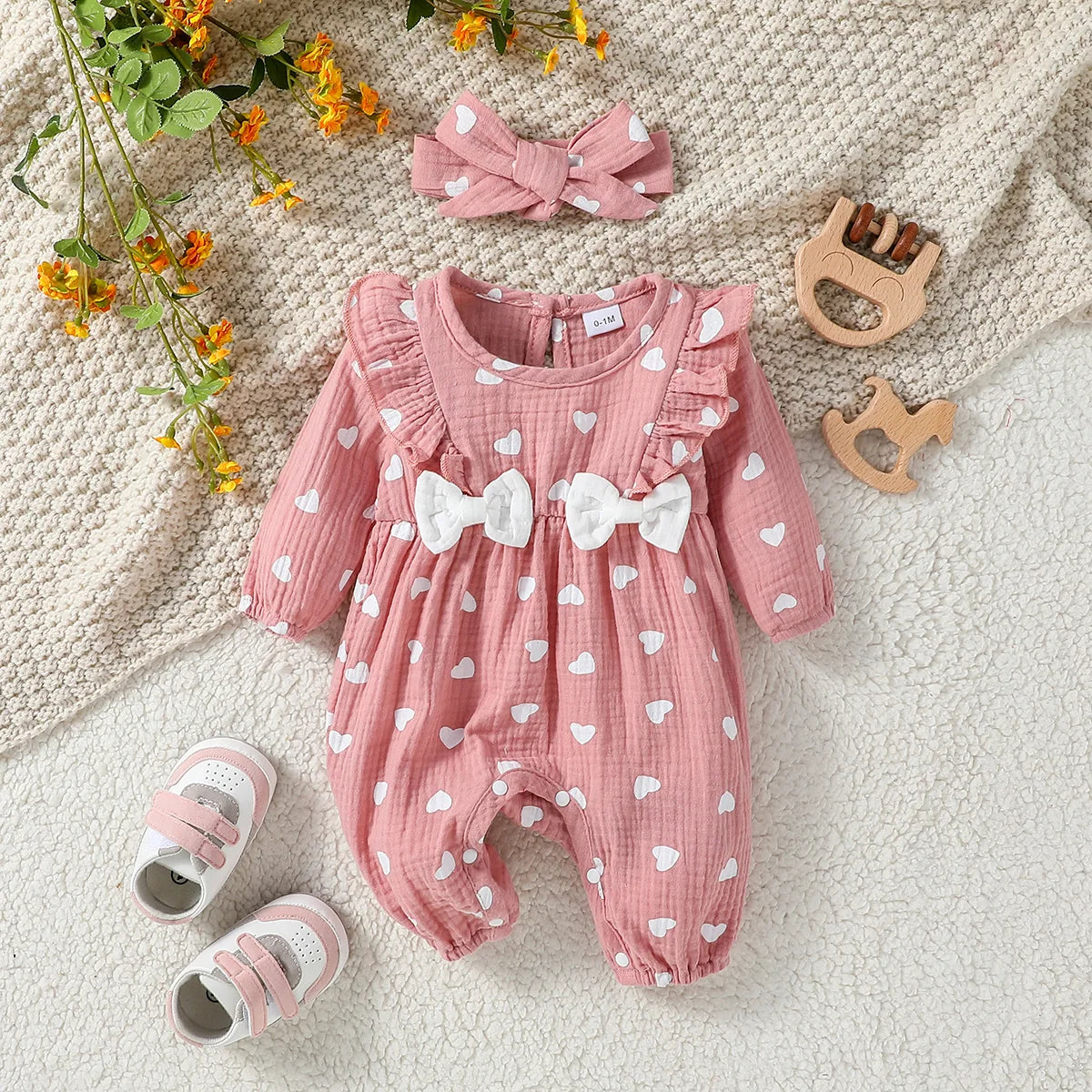 Baby-Mädchen-Overall für alle Jahreszeiten, langärmelig, mit Blumenmuster und Schleife, täglicher Overall für Neugeborene, 6 Monate Kleidung + Stirnband