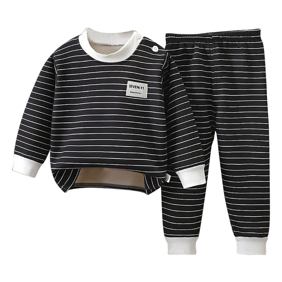 Warmes Baby-Kleidungsset mit Fleece-Futter für Kinder, Jungen und Mädchen, gestreifte Unterwäsche, Nachtwäsche-Set, ideal für Zuhause, Pyjamas, Herbst und Winter