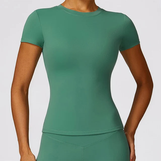 Damen-Sport-T-Shirt, Sommer, kurzärmelig, Laufen, Rundhalsausschnitt, atmungsaktiv, dehnbar, Fitnessstudio, Yoga, schlank, Fitness, aktives Top-T-Shirt