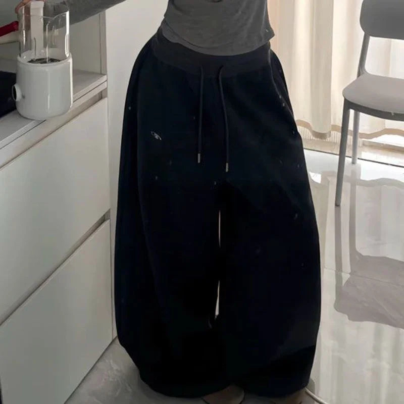Amerikanischen Retro Hip-Hop Übergroßen Frau Schwarz Casual Jogginghose Koreanische Streetwear Lose Jogging Hosen Hohe Taille Breite Bein Hosen