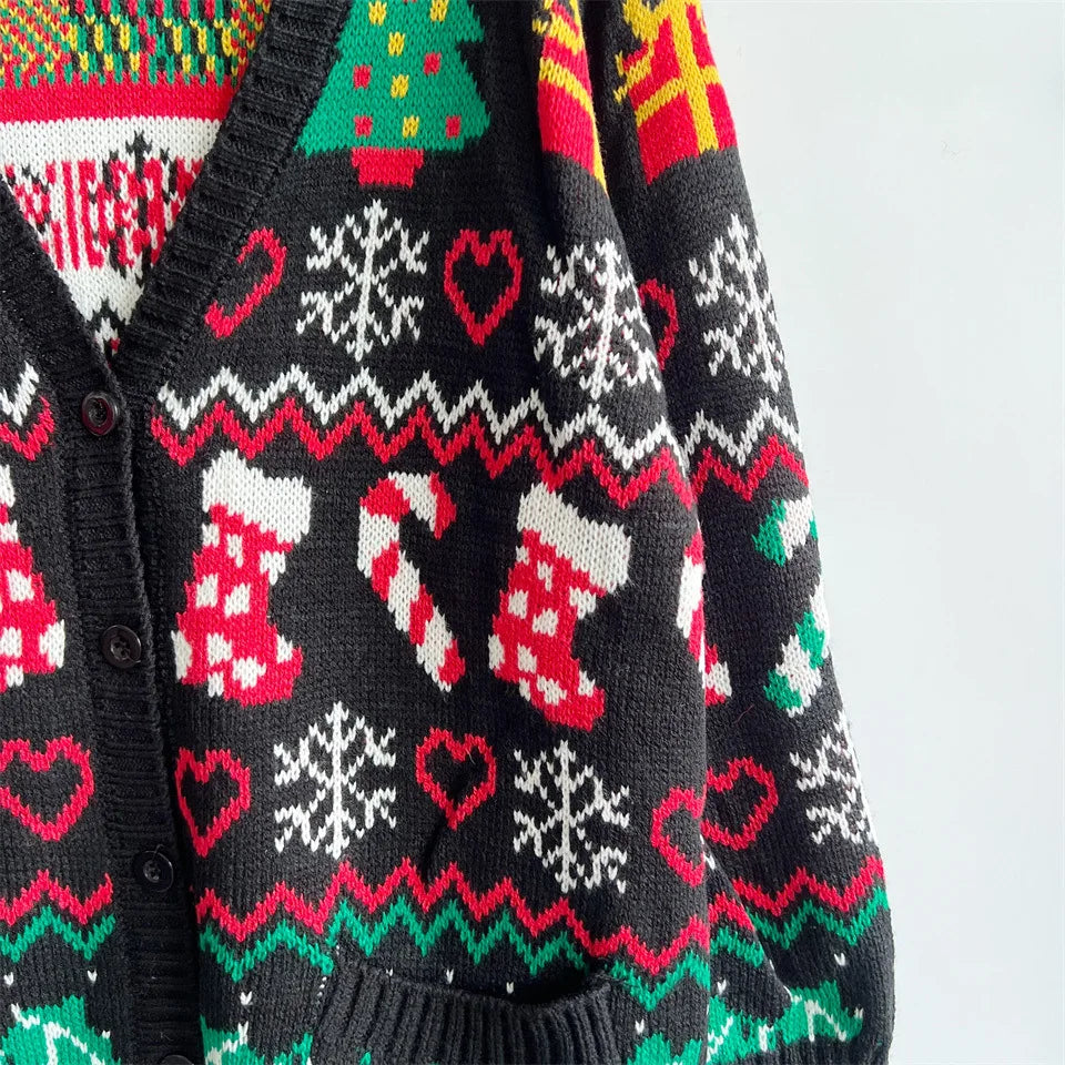 Frauen Herbst Modus 2025 Weihnachten Themed Gedruckt Strickjacke Mit Knöpfen V-ausschnitt Mit Langen ärmeln Pullover Strickjacke Mujer Abbigliamento Donna