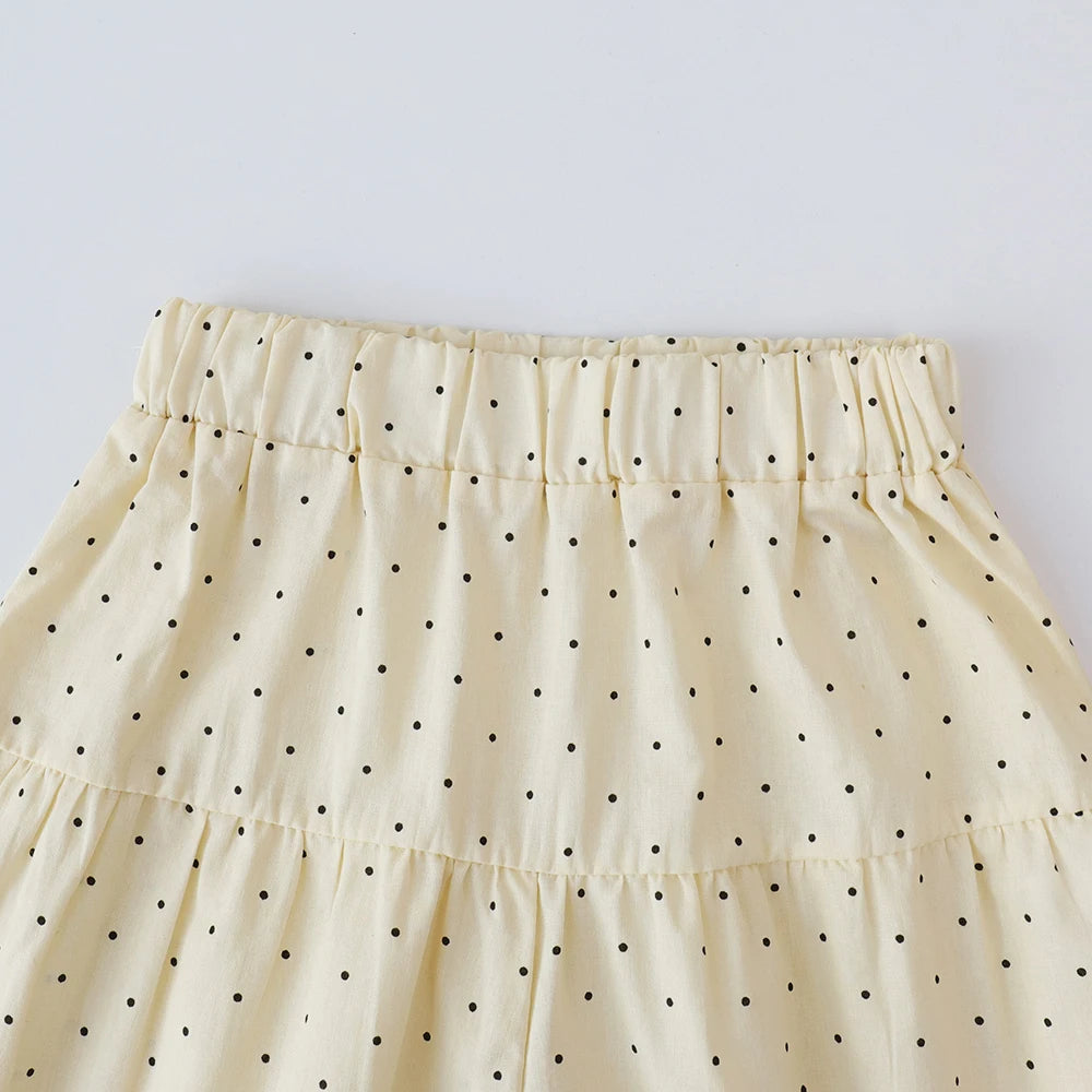 Bear Leader Baby-Mädchen-Freizeitkleidung, Rundhalsausschnitt, ärmelloses Polka-Dot-Oberteil + Hose mit weitem Bein, 2-teiliges Set mit Schleife und Knopf