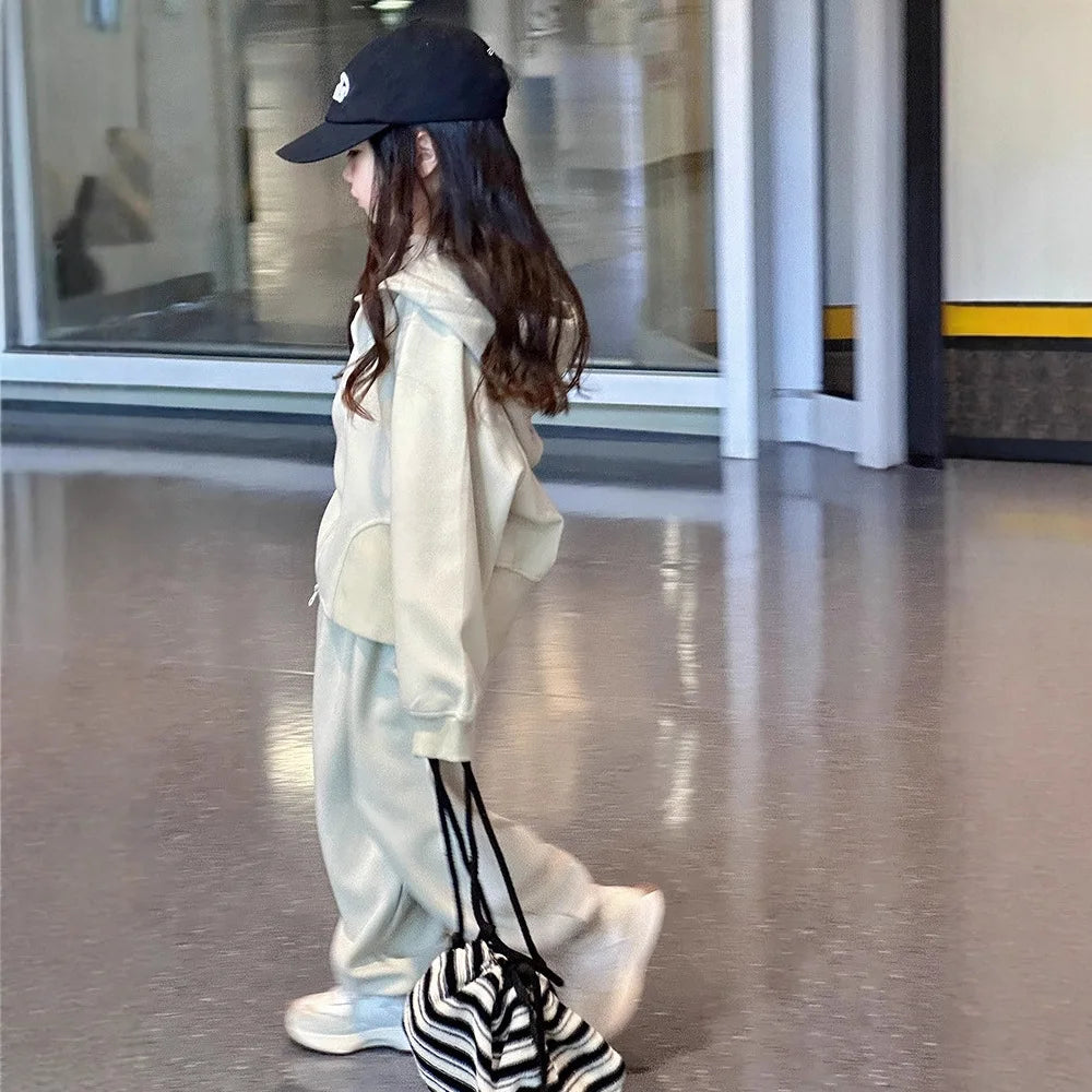 2026 Winter Herbst Teenager-Mädchen-Set: Lose Jacke mit Kapuze + Trainingsanzug mit weiten Hosen, Kinderkleidung, Outfit für Kinder 4 8 10 12 Jahre