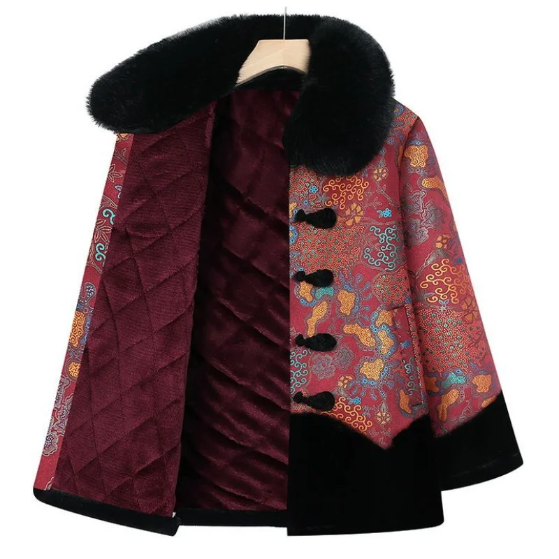 Chinesischer Stil, floraler, mit Fleece gefütterter Mantel für ältere Frauen, Kunstpelzkragen, Tang-Anzug, warme Winter-Oma-Oberbekleidung