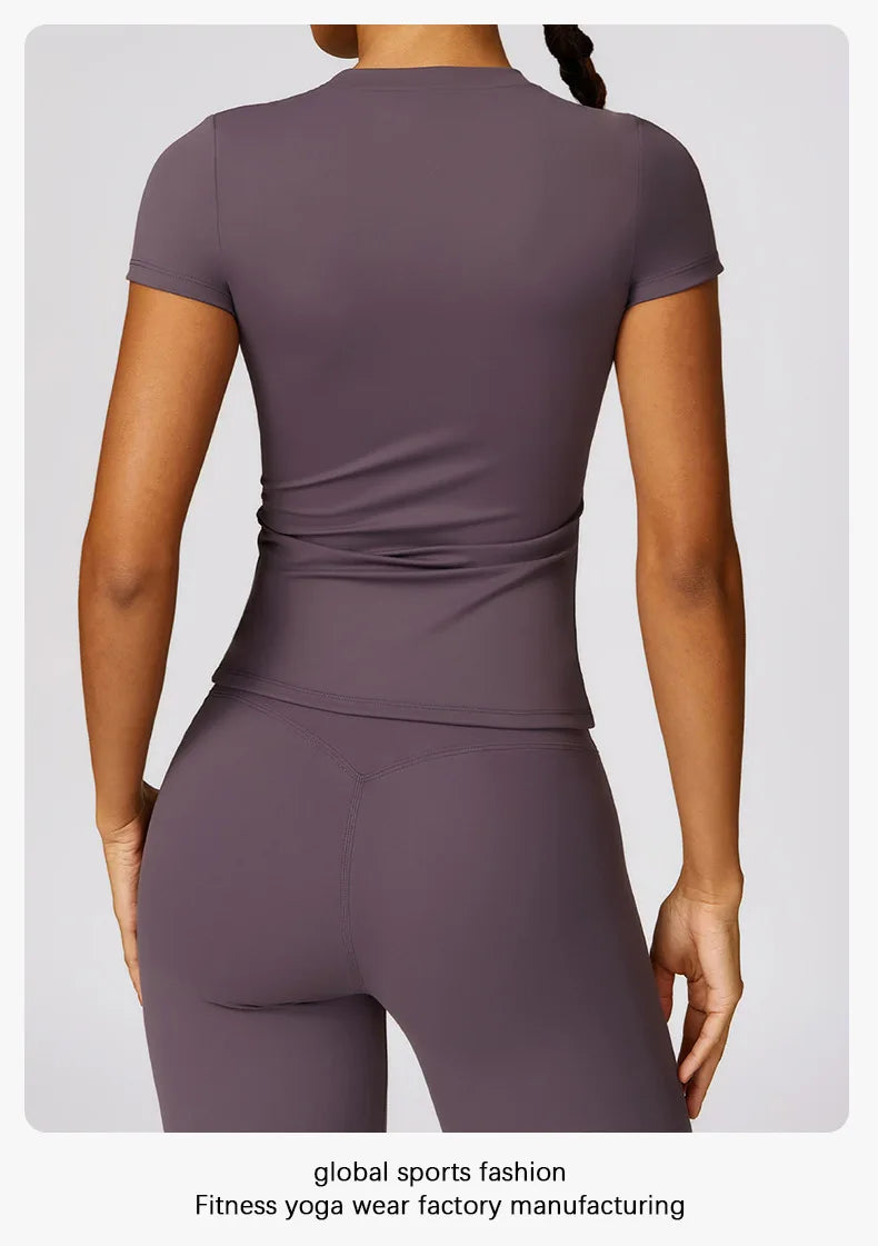 Damen-Sport-T-Shirt, Sommer, kurzärmelig, Laufen, Rundhalsausschnitt, atmungsaktiv, dehnbar, Fitnessstudio, Yoga, schlank, Fitness, aktives Top-T-Shirt