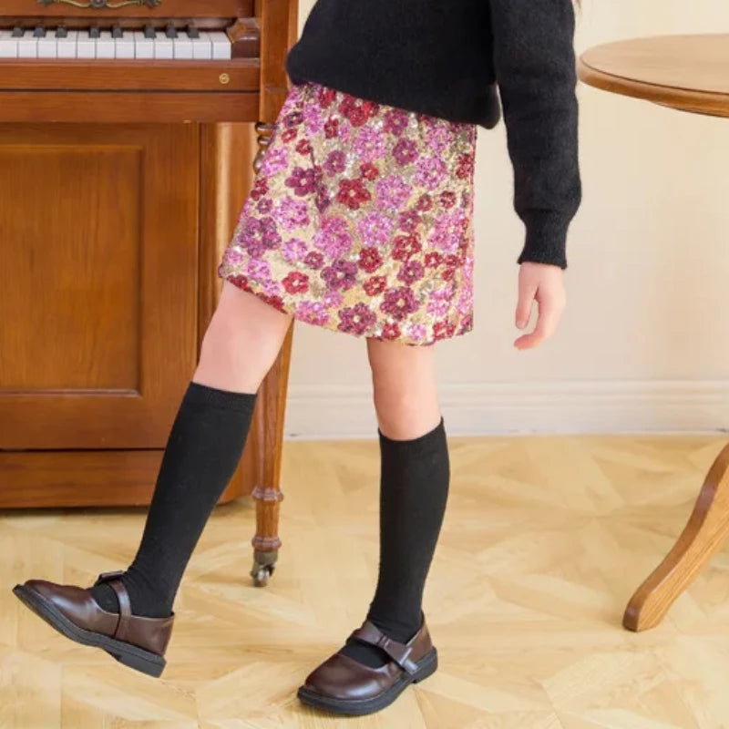 Mädchen Paillettenrock Blumenmode A-Linie Kurzer Rock für Kinder bestickt Elegante Prinzessin Herbst Winter Teen Kinder Kostüme