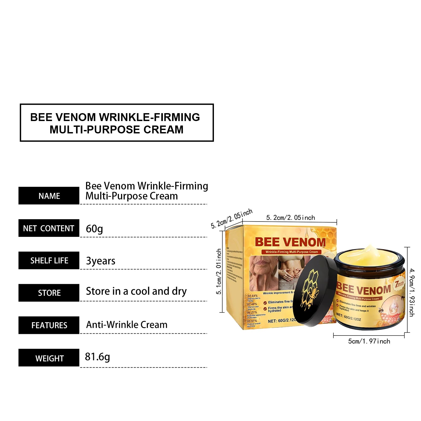 Bee Venom Straffende Creme für schlaffe Haut, Lifting, Straffung, Anti-Falten, Verblassen feiner Linien, feuchtigkeitsspendende Multi-Action-Körpercreme