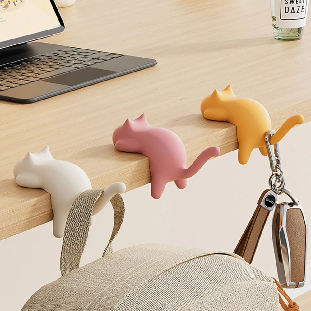 Katzenförmiger, spurloser Haken, beschädigungsfreier Wandhalterungsclip für Tasche/Geldbörse/Federmäppchen auf dem Schreibtisch, Tisch, Arbeitszimmer, Büro