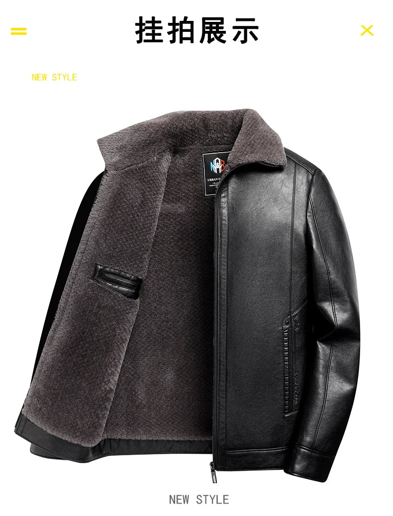 Fügen Sie Fleece und verdickende Winter-Papa-Lederjacke für Opa mittleren Alters mit Pelzkragen, Mantel für Herren mittleren Alters für Wärme hinzu