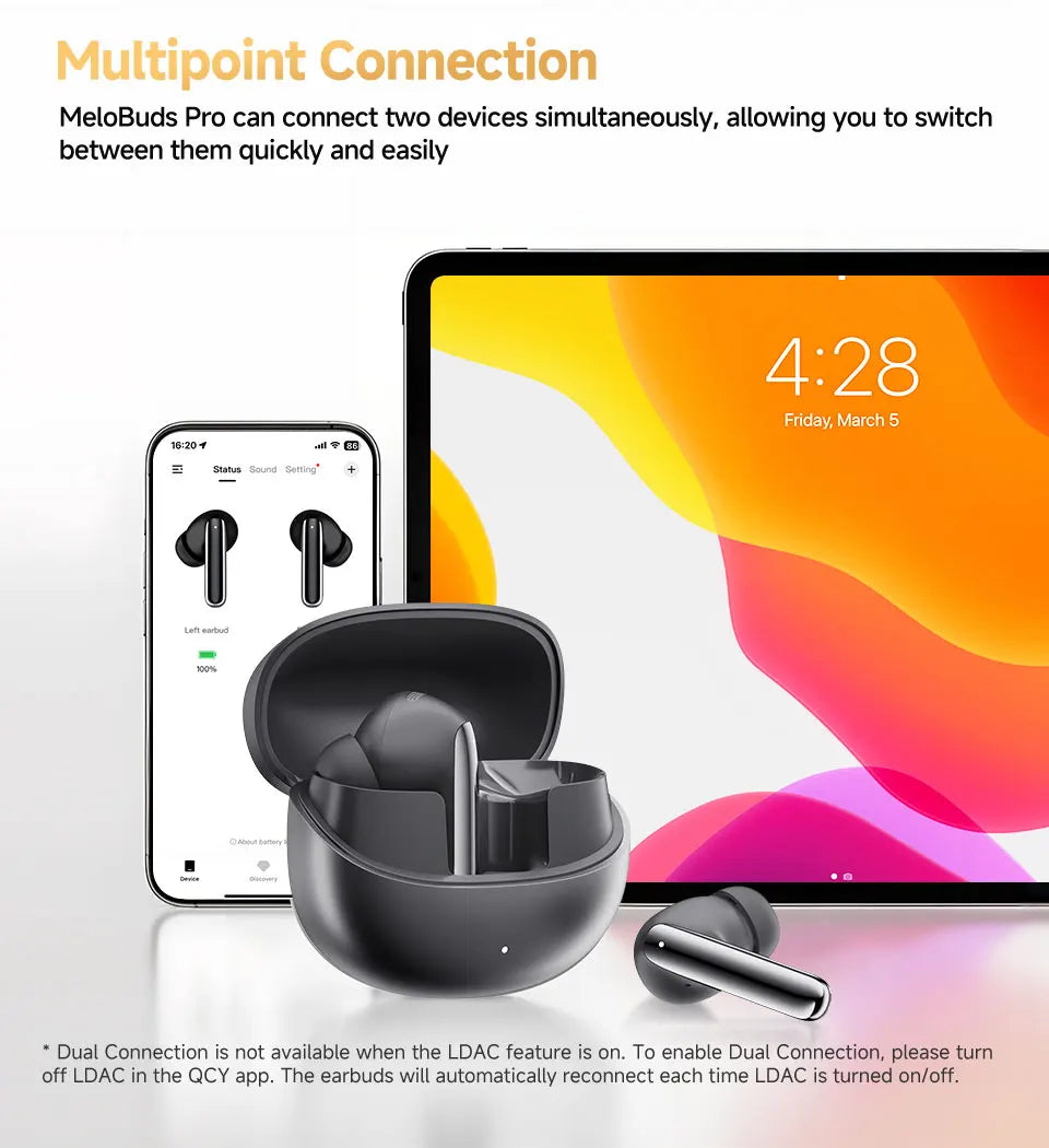 QCY MeloBuds Pro Adaptive Hybrid Active Noise Cancelling Kabellose Ohrhörer 46 dB Bluetooth 5.3 LDAC Hi-Res Audio 34H Ohrhörer Bequeme Passform