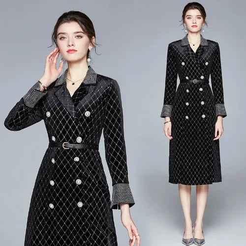 Frauen neue zweireihige kleid bohrer perle samt graben mantel herbst kaminsims damen