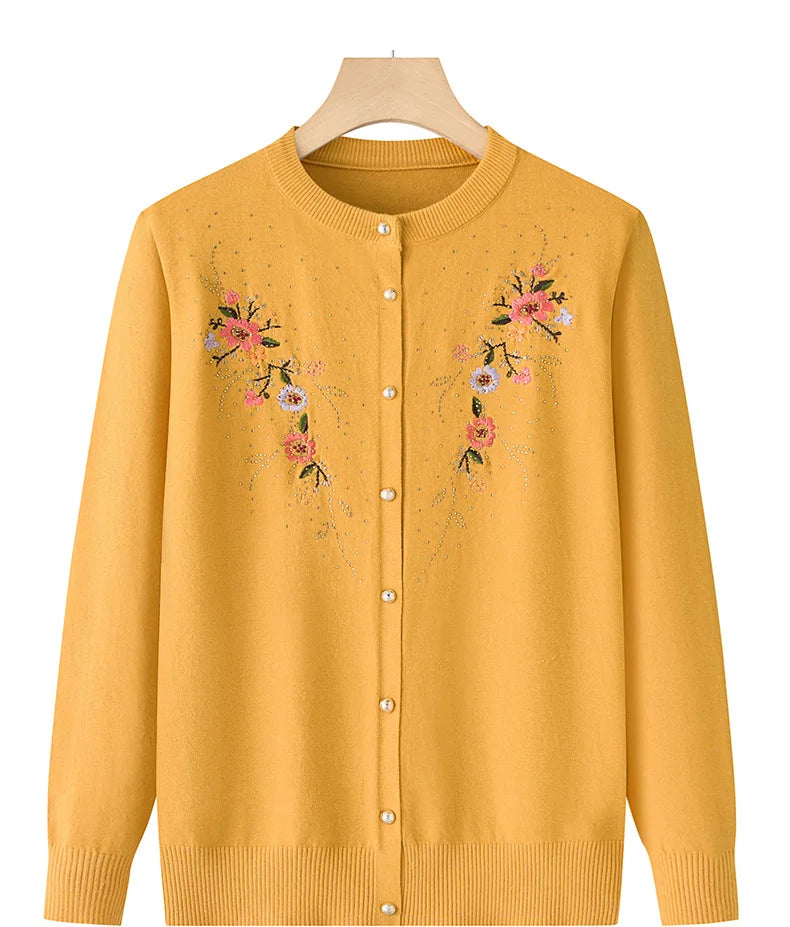 Mittleren Alters und ältere Frauen Stickerei Strickjacke Jacke einreiher schlanke Pullover Mantel dünne Frühling Oma Kleidung
