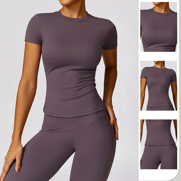Damen-Sport-T-Shirt, Sommer, kurzärmelig, Laufen, Rundhalsausschnitt, atmungsaktiv, dehnbar, Fitnessstudio, Yoga, schlank, Fitness, aktives Top-T-Shirt